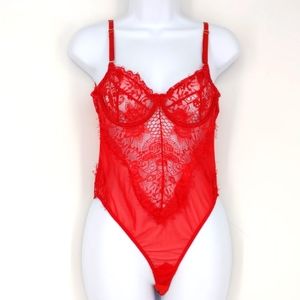 Vintage Sheer Mesh Lace Stretchy Red Teddy Medium